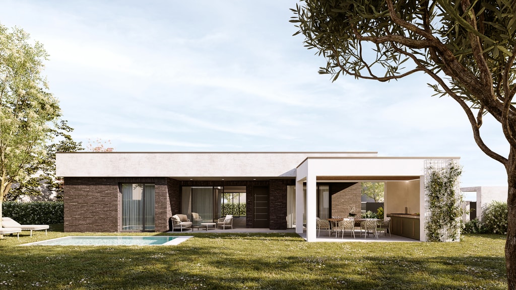 Rendering fotorealistico di esterno - Villetta monofamiliare moderna - Archivision Studio