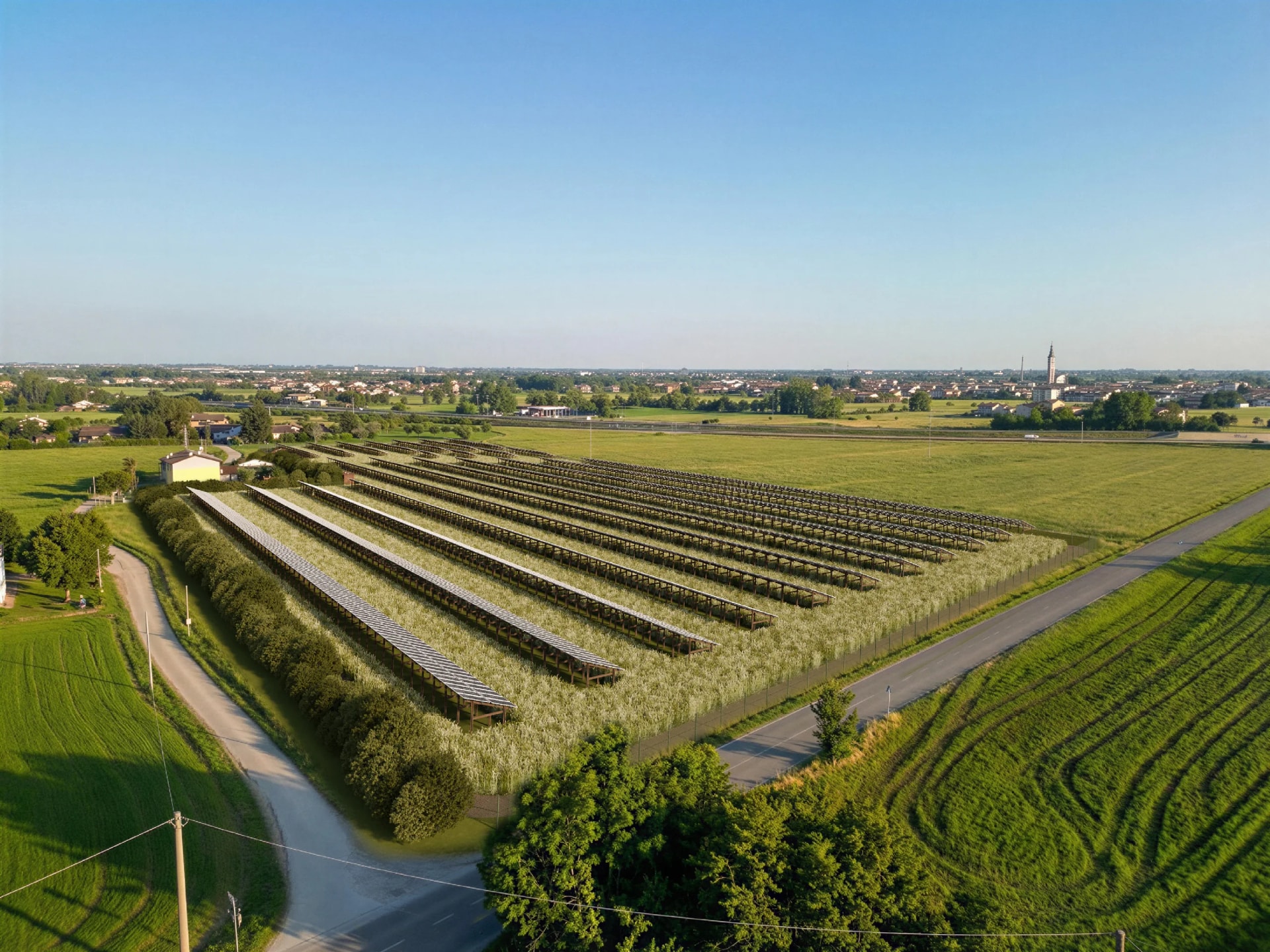 Fotomontage der Agri-Photovoltaikanlage auf derselben Fläche, mit Modulreihen über der Kultur