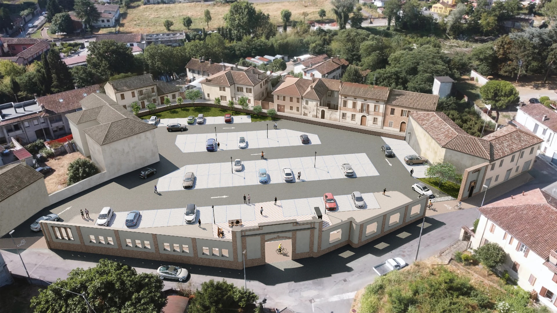 Fotomontage der Neugestaltung eines Platzes mit Parkplatz im historischen Ortskern, zwischen den bestehenden Gebäuden
