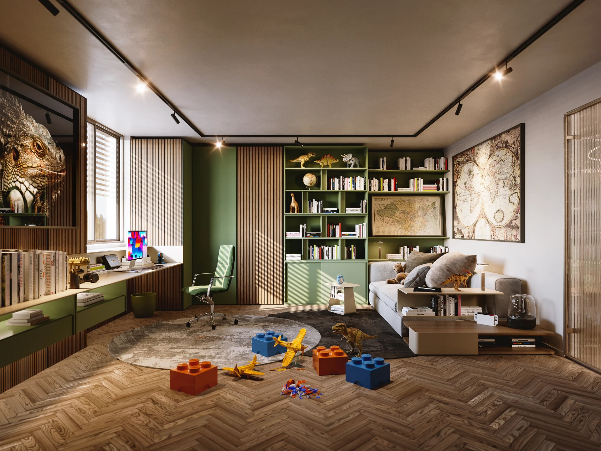 The same apartment presented with a furnished photorealistic render