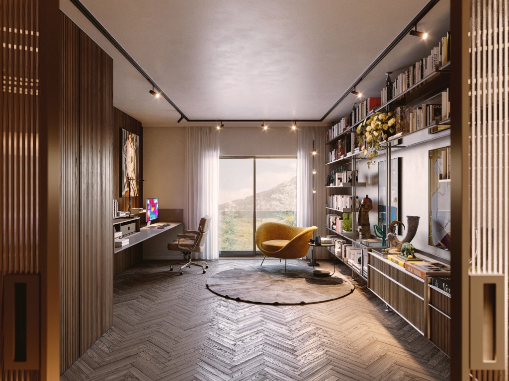 Interior render of a bright, modern open-plan space