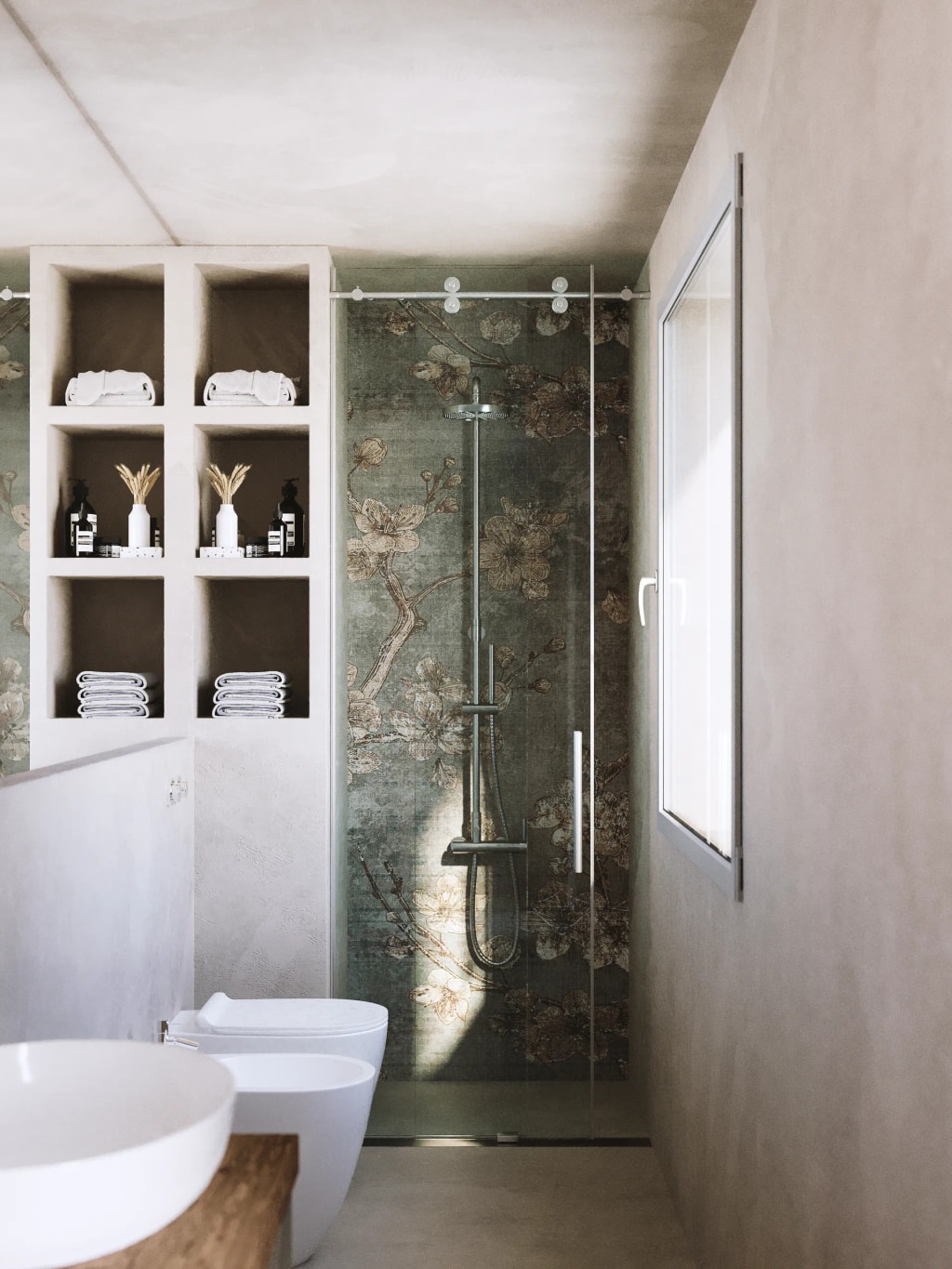 Rendering fotorealistico di interno - Bagno moderno carta parati floreale - Archivision Studio