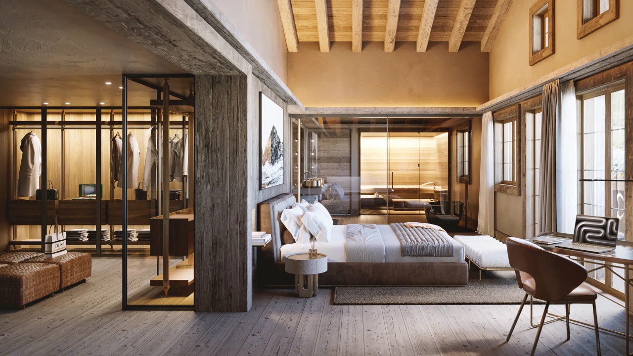 Rendering fotorealistico di interno - Camera da letto chalet gstaad - Archivision Studio