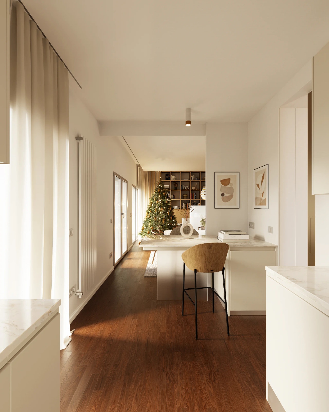 Rendering fotorealistico di interno - Cucina moderna isola marmo parquet scuro - Archivision Studio