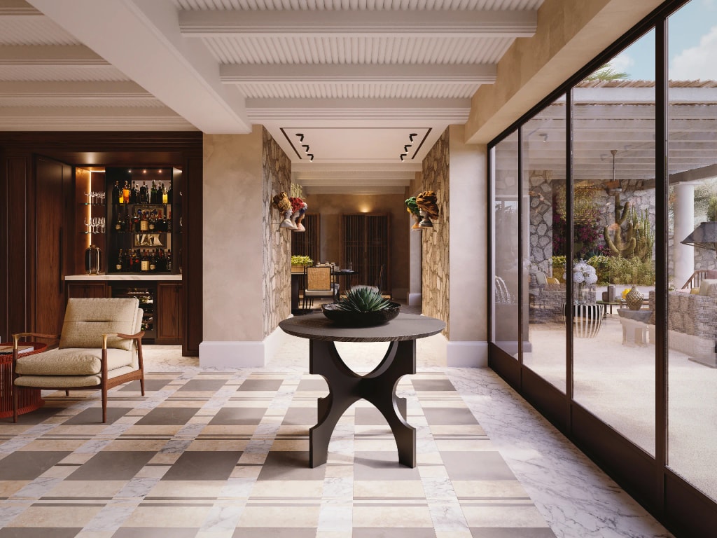Rendering fotorealistico di interno - Ingresso villa tavolo tondo angolo bar - Archivision Studio