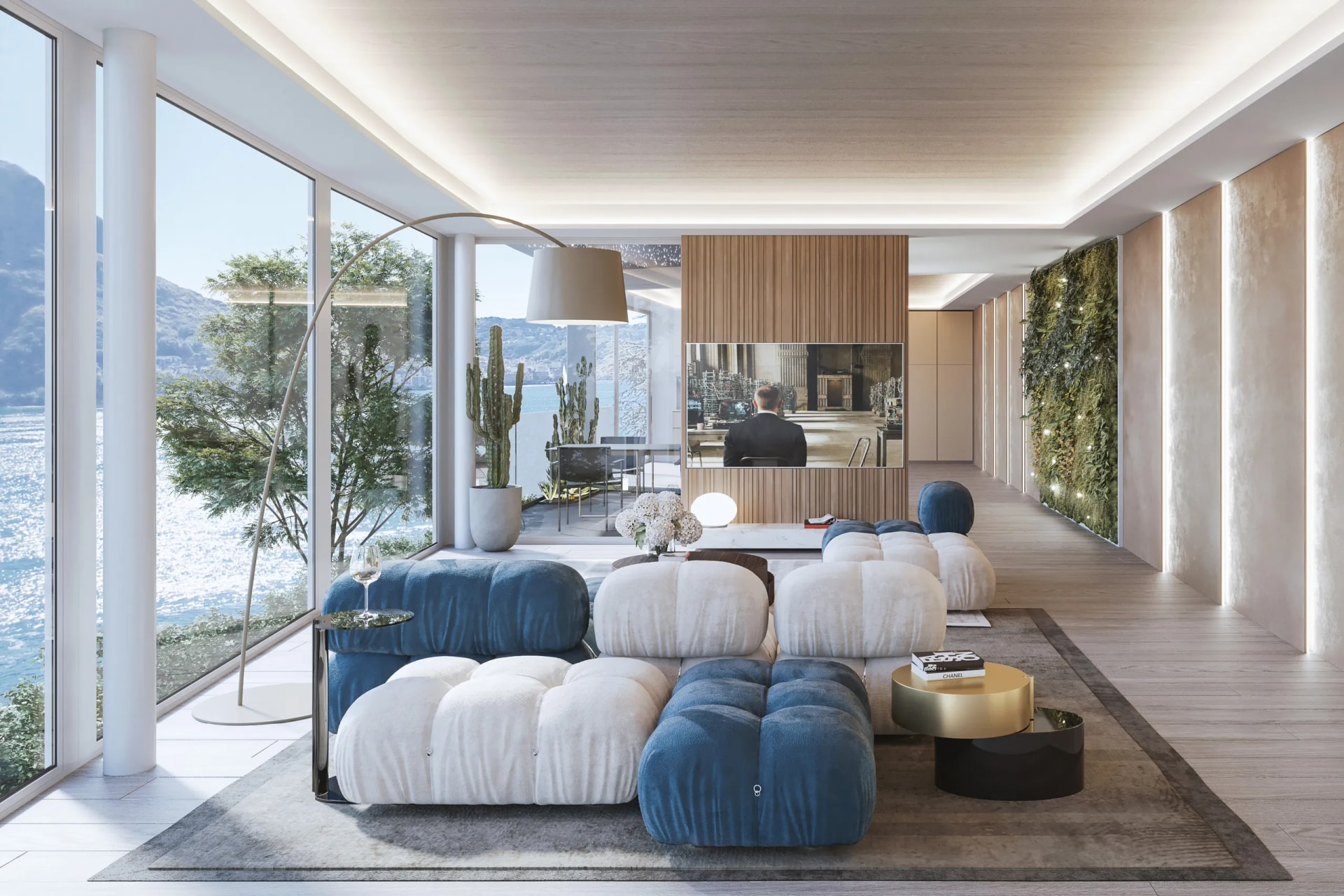 Photorealistic rendering of an open-space living room with natural light, indistinguishable from a photograph
