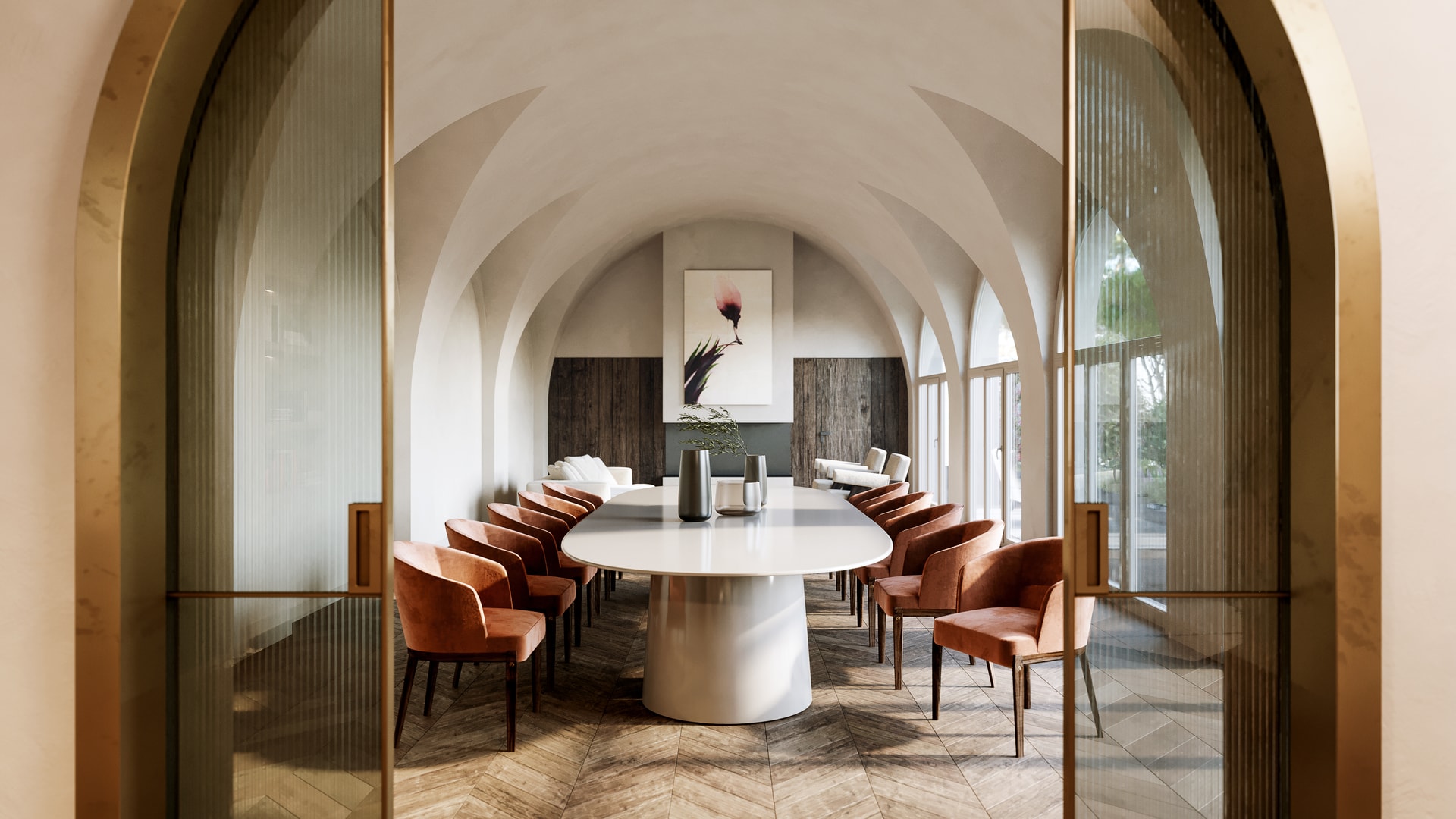 Rendering di salotto neoclassico in villa a Roma con soffitto decorato e arredo moderno - Archivision.