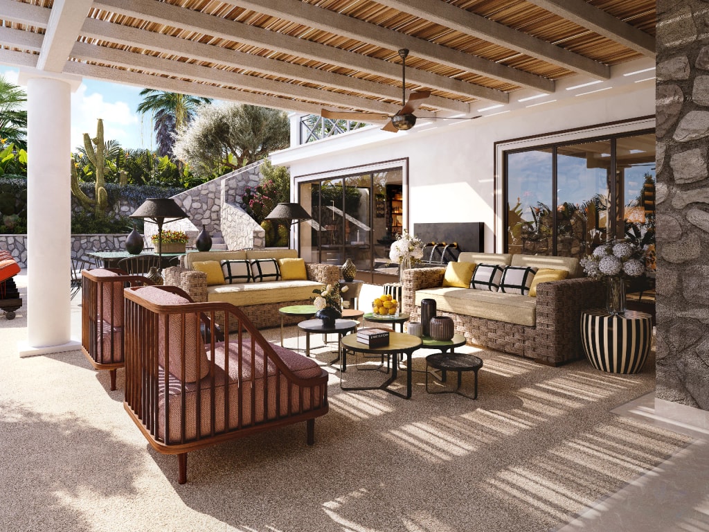 Rendering fotorealistico di interno - Terrazza coperta pergola bambu giardino tropicale - Archivision Studio