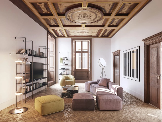 Rendering fotorealistico di interno - Villa storica romana - Archivision Studio