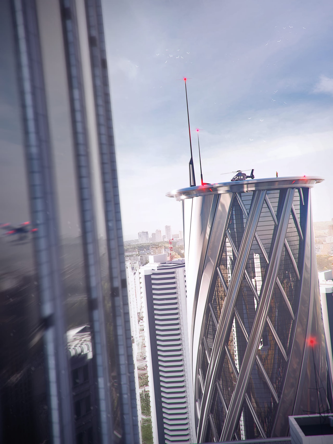 Rendering di un palazzo moderno con sopra un elicottero, in primo piano c'è un drone in volo. Immagine in stile render fotorealistico