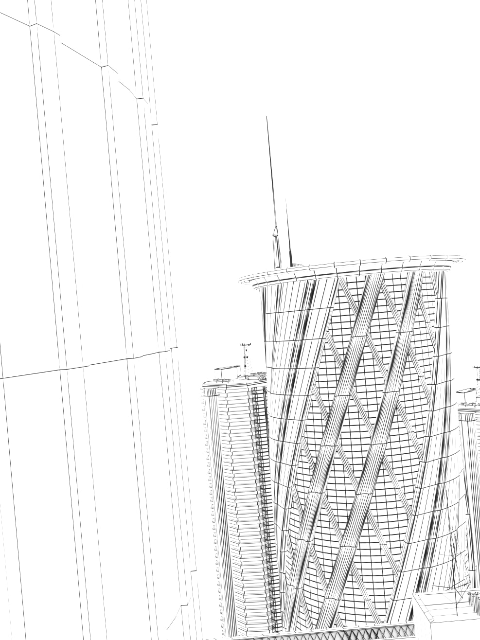 Rendering di un palazzo moderno con sopra un elicottero, in primo piano c'è un drone in volo. Immagine in stile bozza di disegno in matita.