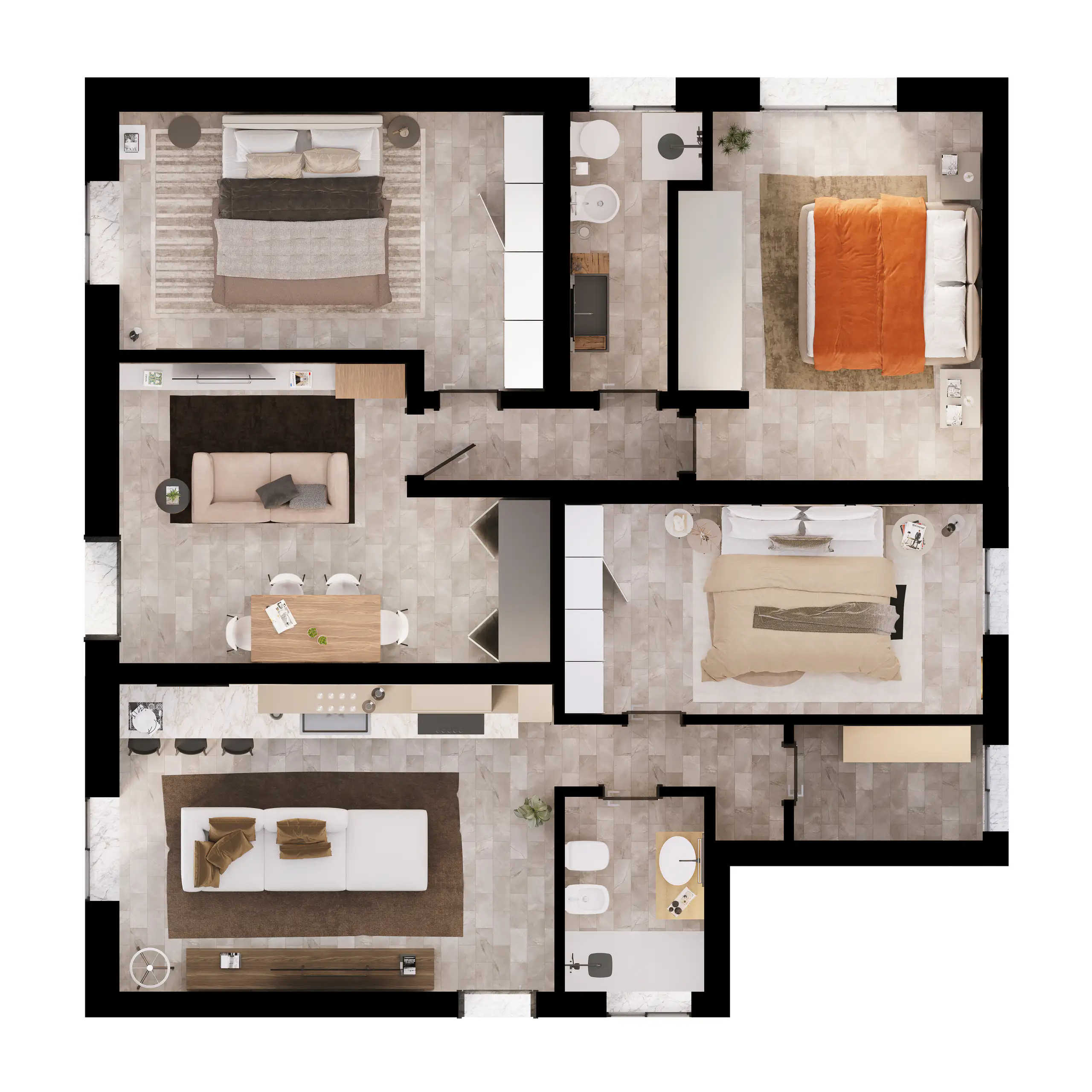 Furnished floor plan of a three-room apartment with furniture to scale and material indications