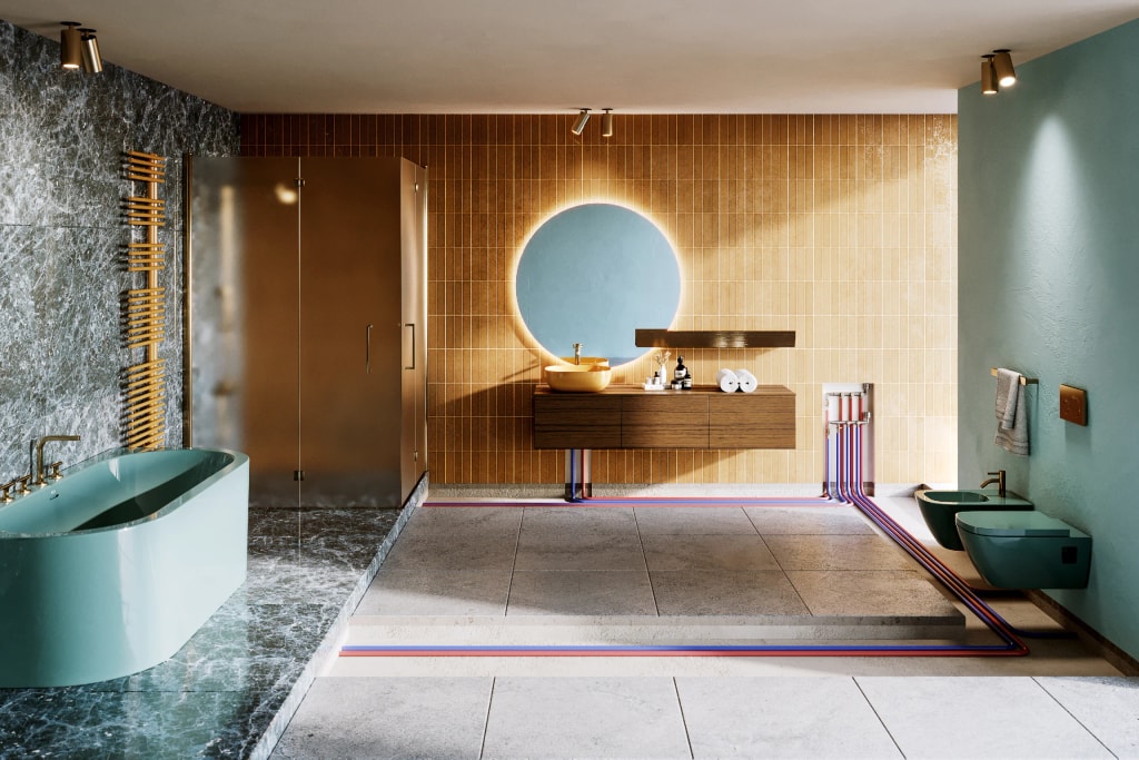 Rendering 3D di prodotto - Bagno lusso vasca verde pavimento chiaro - Archivision Studio