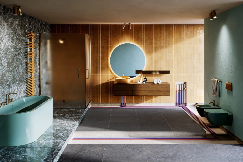 Rendering 3D di prodotto - Bagno lusso vasca verde pavimento scuro - Archivision Studio