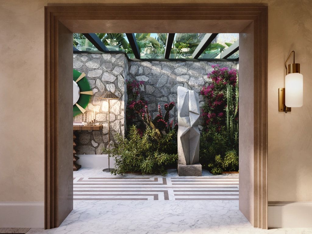 Rendering 3D di prodotto - Patio interno scultura bougainville vetrata - Archivision Studio