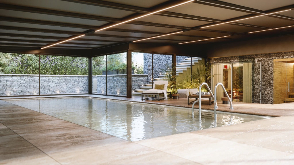 Rendering 3D di prodotto - Piscina interna coperta vetrate pietra - Archivision Studio