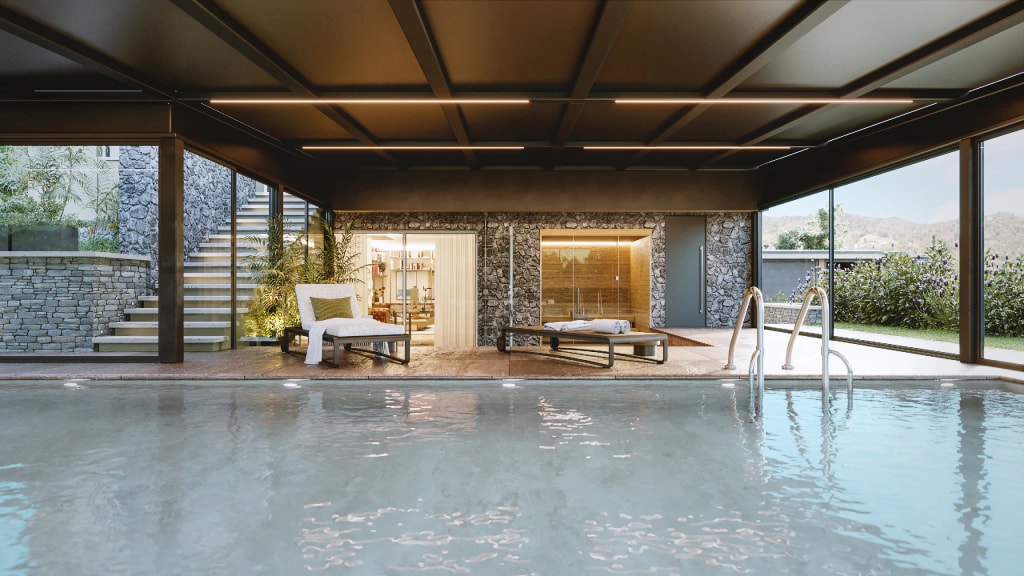 Rendering 3D di prodotto - Piscina interna sauna lettino vista montagna - Archivision Studio