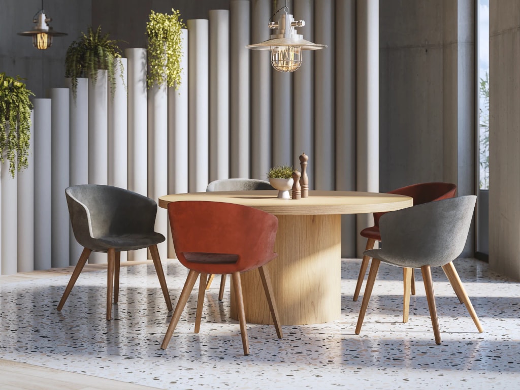 Rendering 3D di prodotto - Pranzo tavolo sedie colorate - Archivision Studio