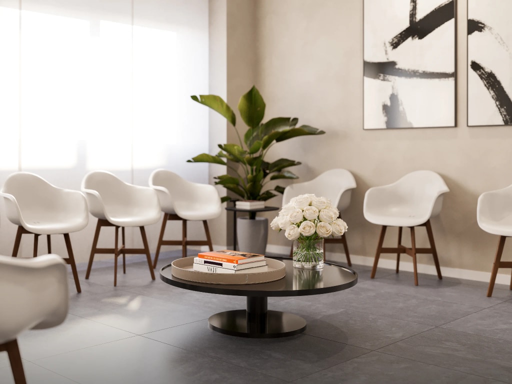 Rendering 3D di prodotto - Sala attesa studio medico poltrone bianche - Archivision Studio