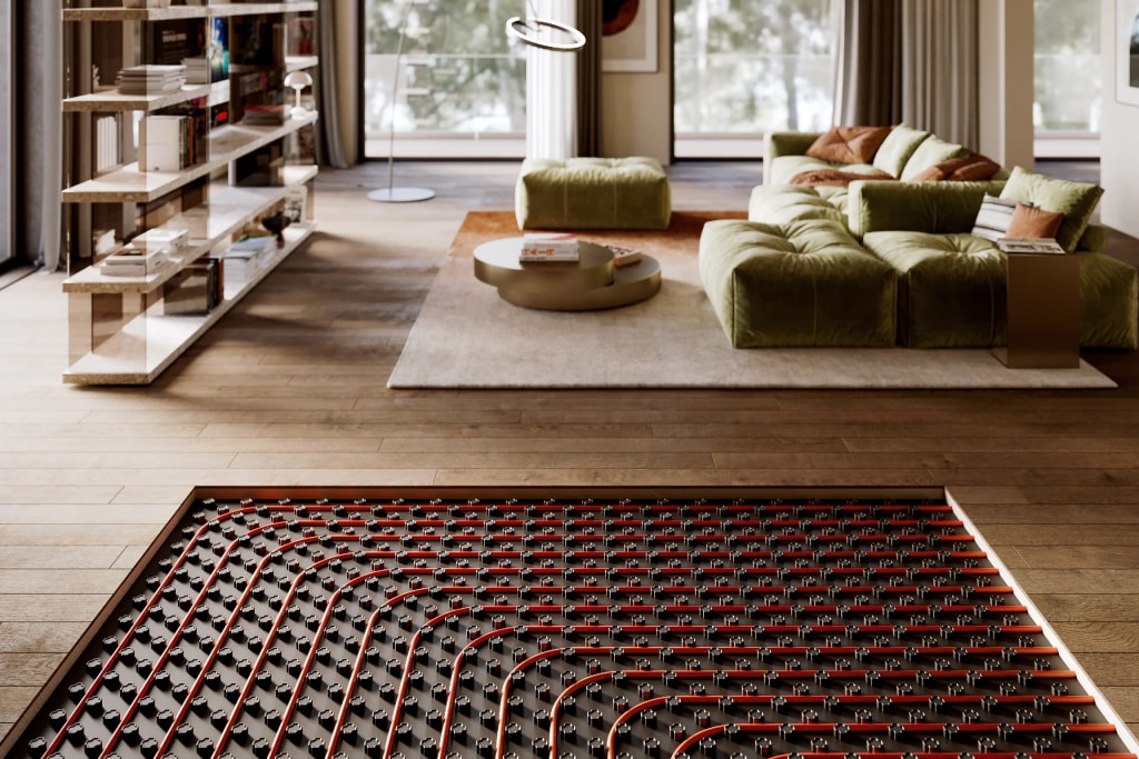 Rendering 3D di prodotto - Soggiorno spaccato riscaldamento pavimento divano verde - Archivision Studio