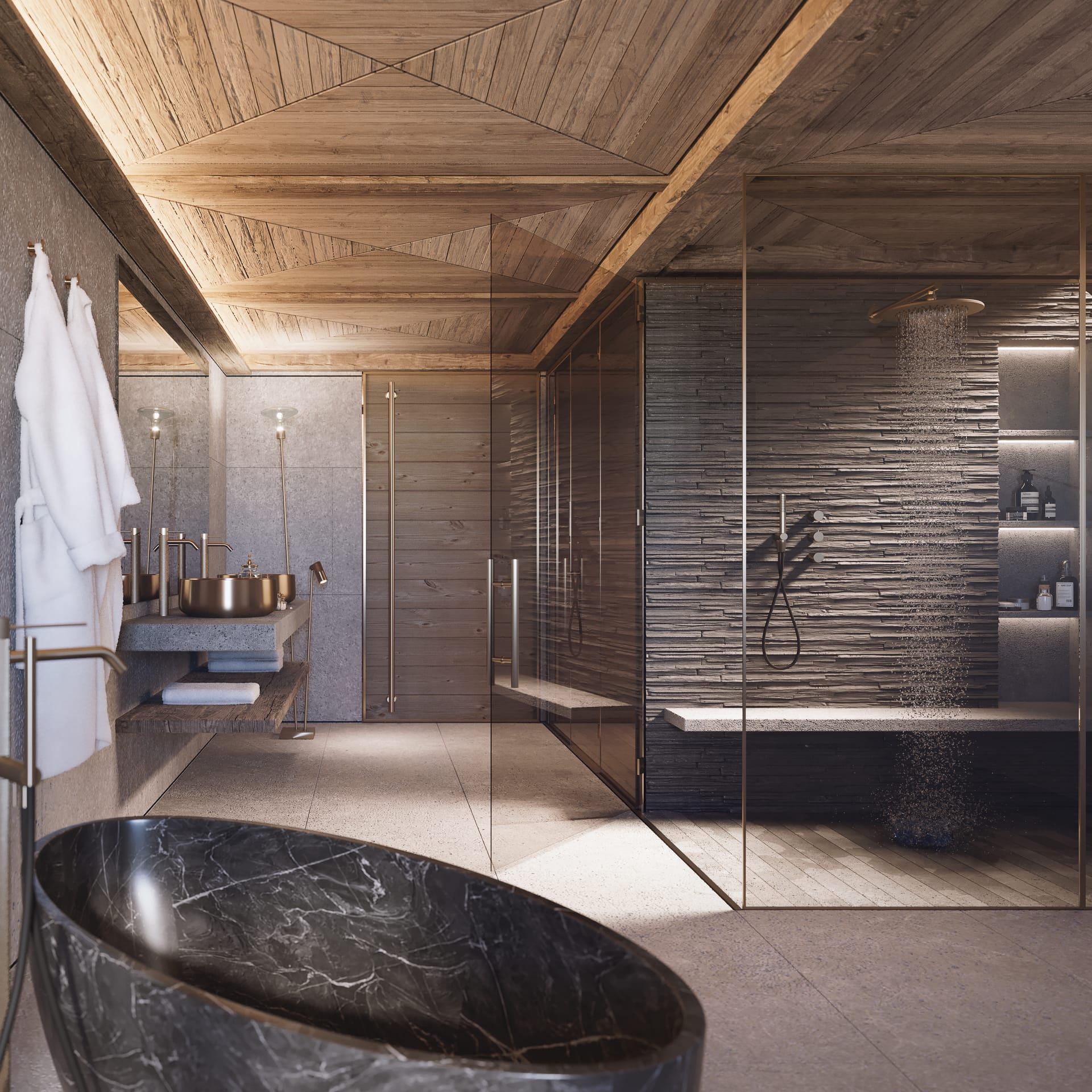 Residenze a Gstaad, bagno con vasca in marmo nero