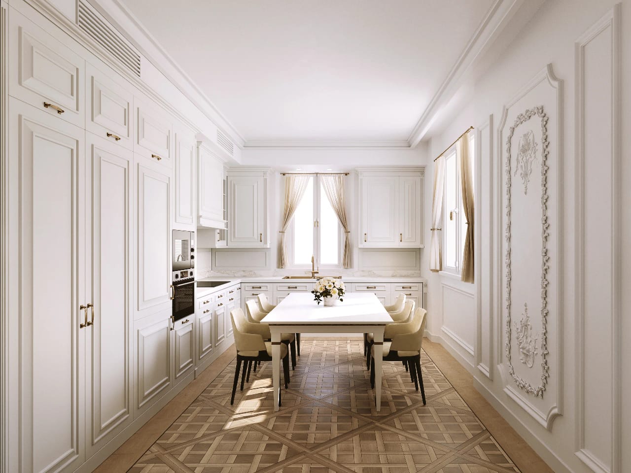 Rendering 3D di prodotto - Cucina classica bianca tavolo centrale parquet - Archivision Studio