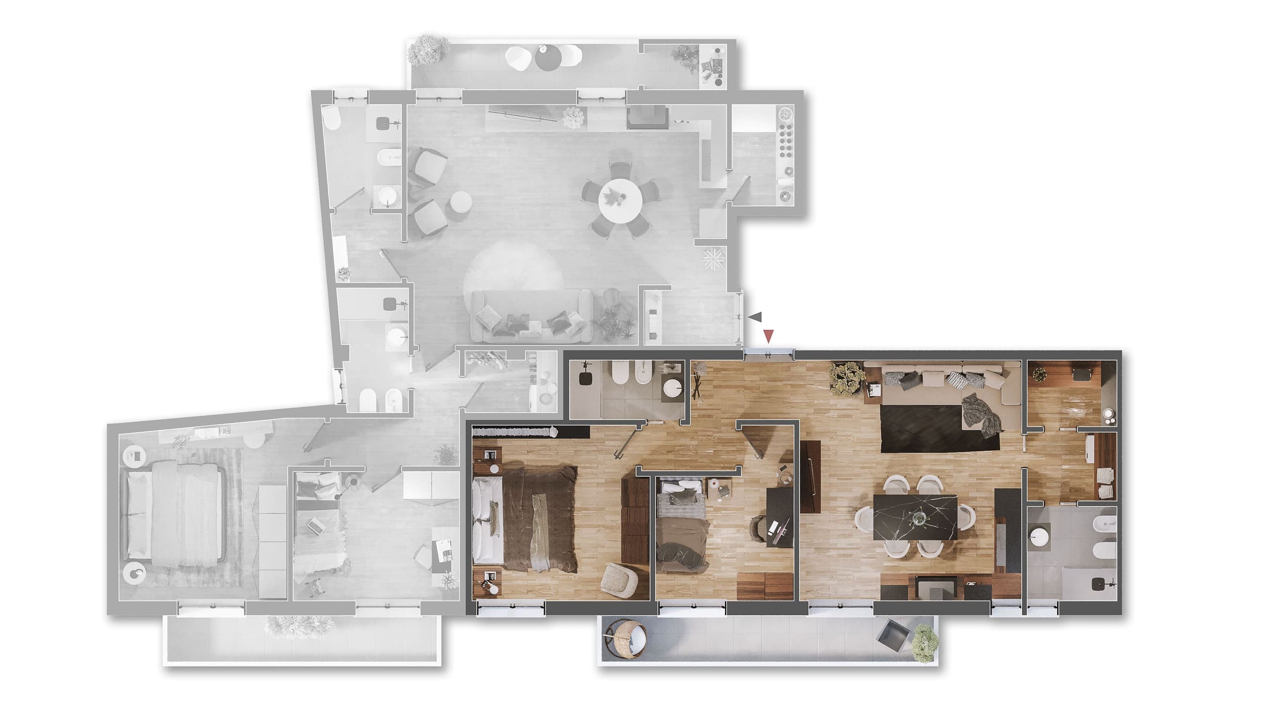 Planimetria arredata di tre appartamenti separati in stile rendering 3d