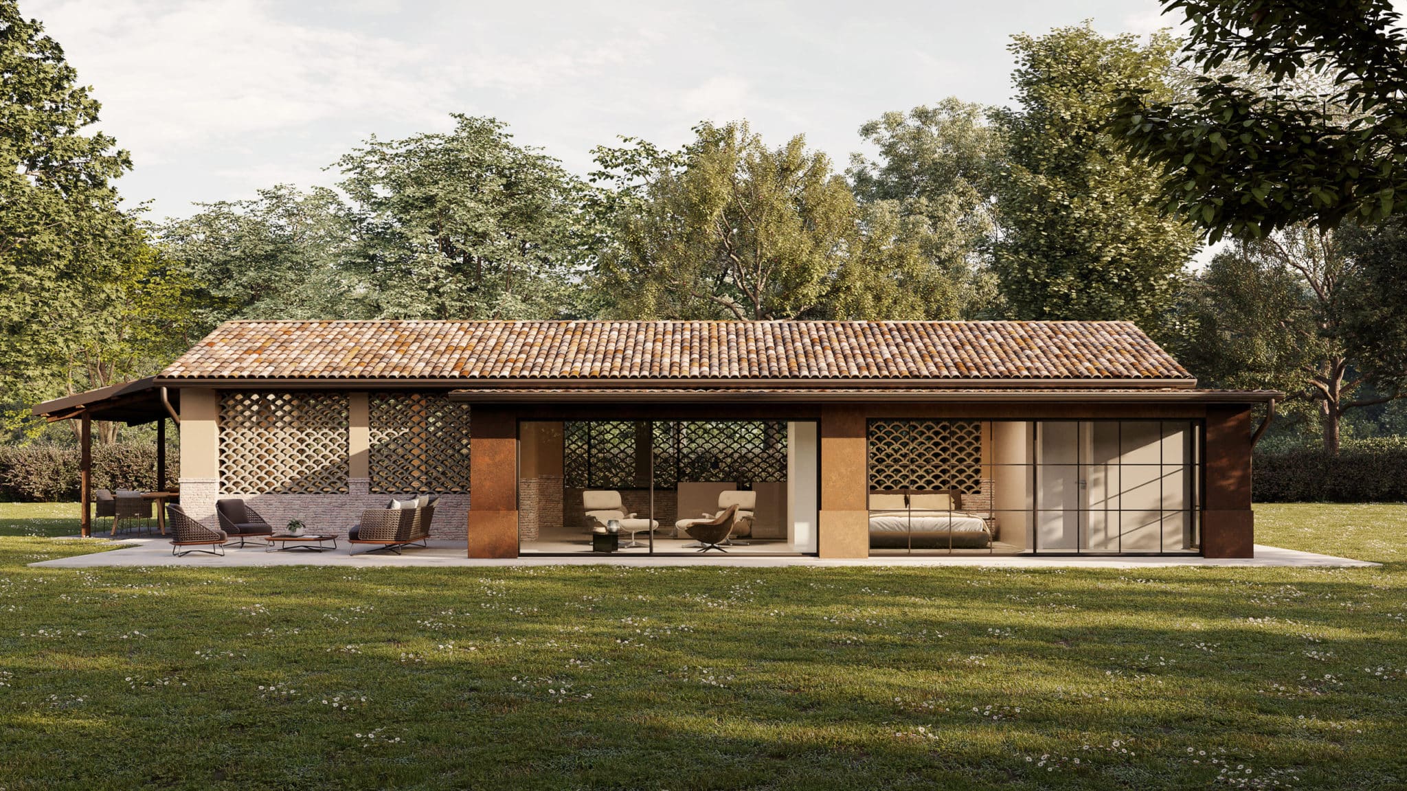 rendering esterno di una villa unifamiliare moderna, inserita in un ampio giardino