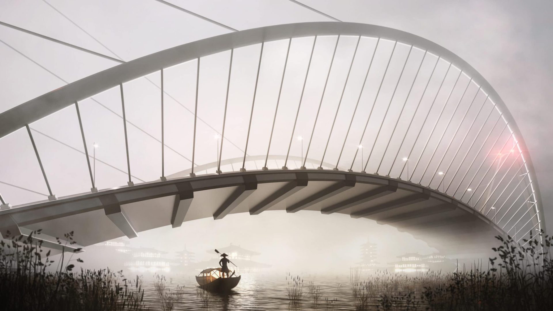 servizi di rendering di esterni - ponte su un fiume avvolto dalla nebbia miir